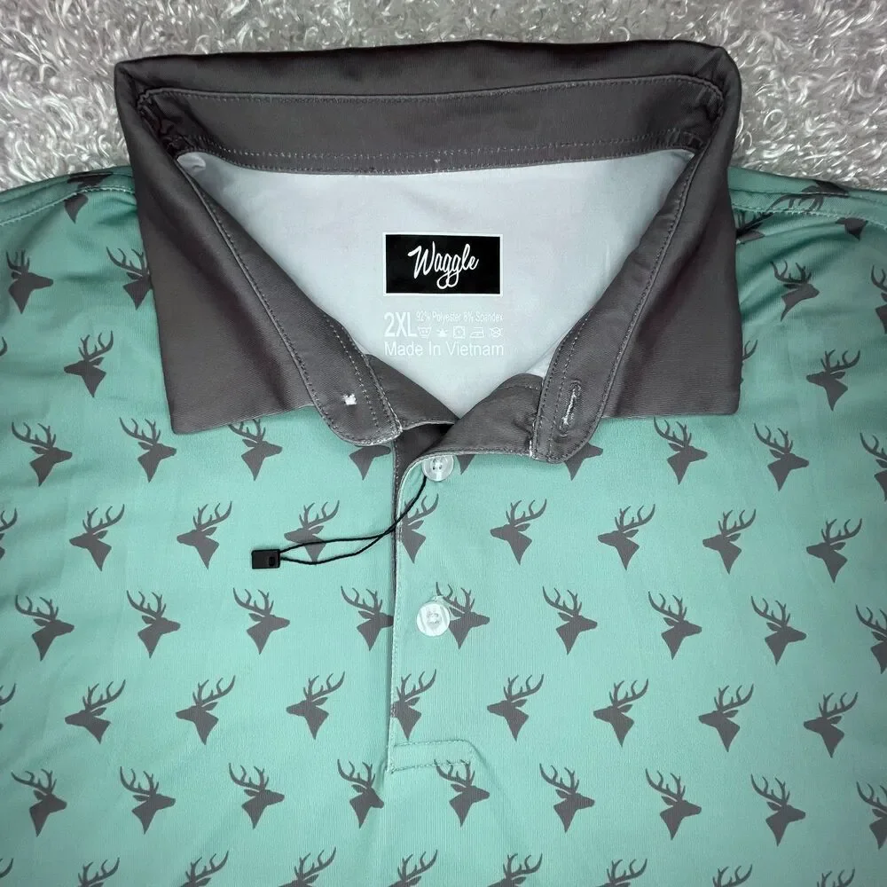NWOT Waggle Golf Polo Men's 2XL Green Deer All Over Print Performance Stretch - Picture 4 of 10
